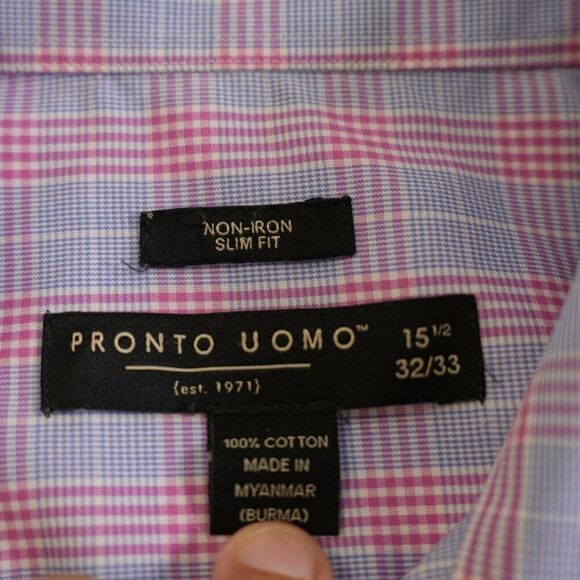 Pronto Uomo Pink‎ Blue Plaid 15.5 32/33 Non Iron Slim Fit Collared Dress Shirt - Picture 7 of 11
